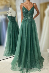 Hunter Green A-line Beaded Applique Straps Tulle Long Semi Formal Prom Dress